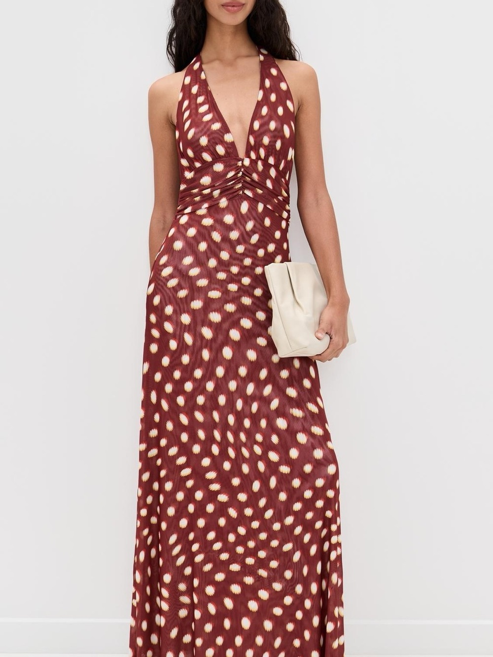 RESA Burgundy and Cream Backless Halter Maxi Dress